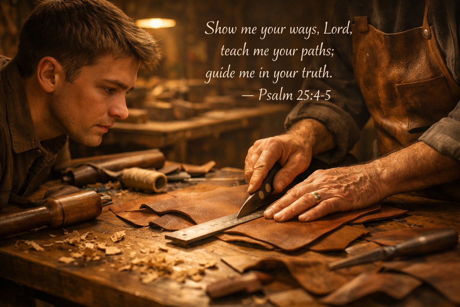 Apprentice watching master craftsman work leather — Show me your ways Lord Bible verse wallpaper
